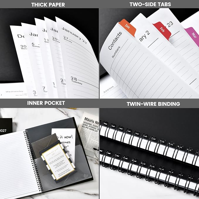 2027 Planner - 2027 Weekly and Monthly Planner | Jan. 2027 - Dec. 2027, 9” x 11”, Planner for Women Men with Twin-Wire Binding, 12 Colorful Tabs, Pocket, Holidays - Black