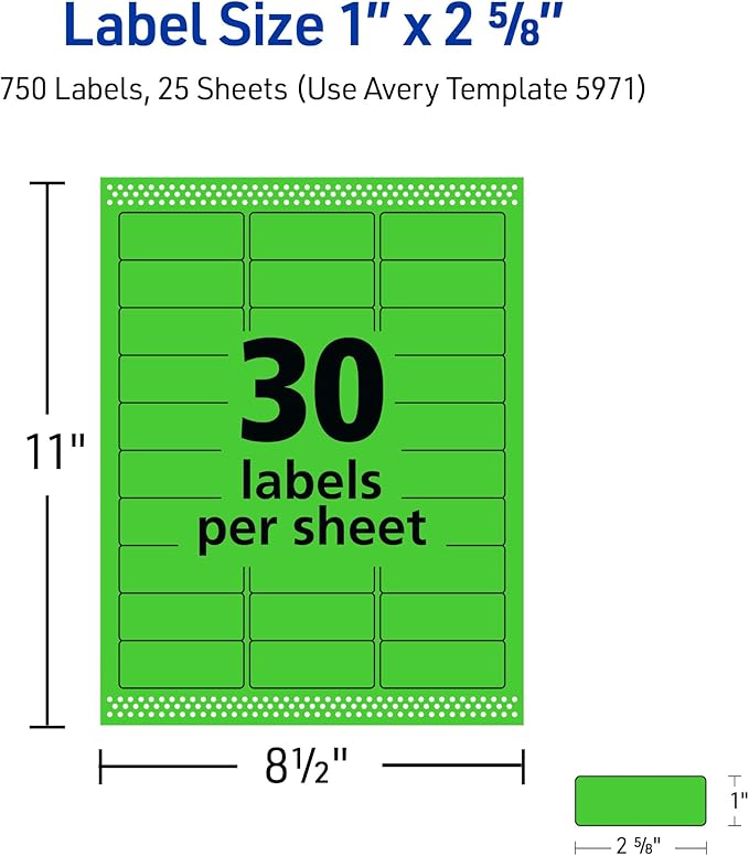 Avery Printable Address Labels with Sure Feed, 1" x 2-5/8", Neon Green, Laser & Inkjet Compatible, 750 Blank Labels per Pack, Great for Branding, Mailing, Organizing, and More (5-Pack of 5971)