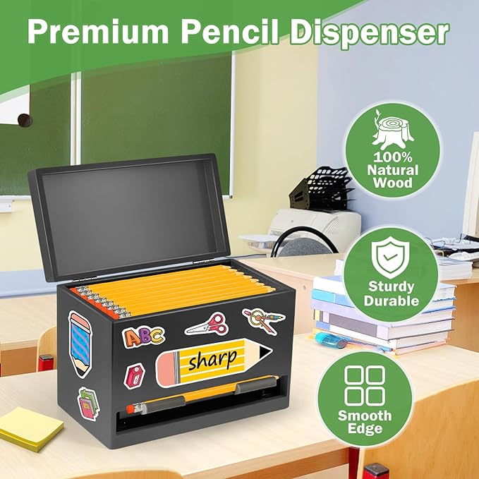 Aigybobo Pencil Dispenser for Classroom, Wooden Pencil Holder for Desk, Teacher Must Haves for Organization and Storage, Pencils Straw Dispenser for Classroom Office Kitchen Restaurant
