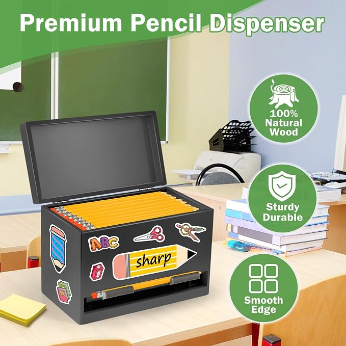 Pencil Dispenser for Classroom, Wooden Pencil Holder, Classroom Teacher Must Have, Pencils Straws Organization & Storage for Classroom Office Kitchen Restaurant (black)