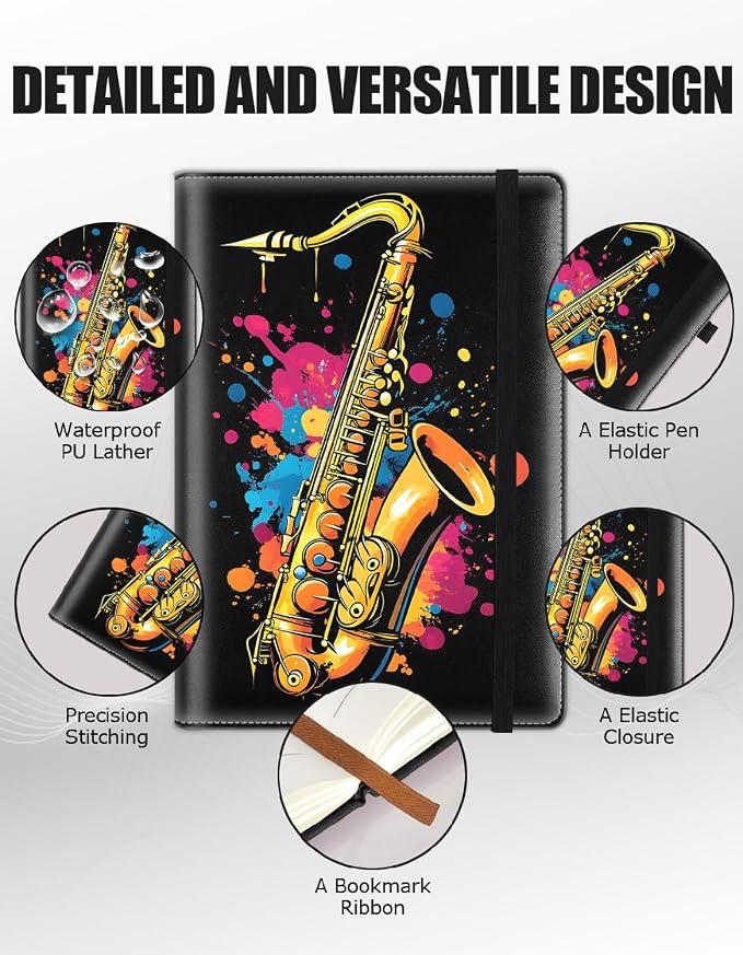 Hardcover Executive Notebooks, A5 PU Leather Lined Journal Notebook, 200 Pages Thick Paper Subject Notebooks for School,Work,Home Writing Business Notebook, Diary Book ，Saxophone Colorful