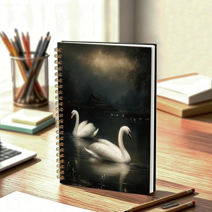 HOXUNQINA Dark Moody Swan Journal Notebook 5.5x8.3 | Swan Gifts for Women Journal, Dark Academia Gothic Moody White Swans Notebooks for Work
