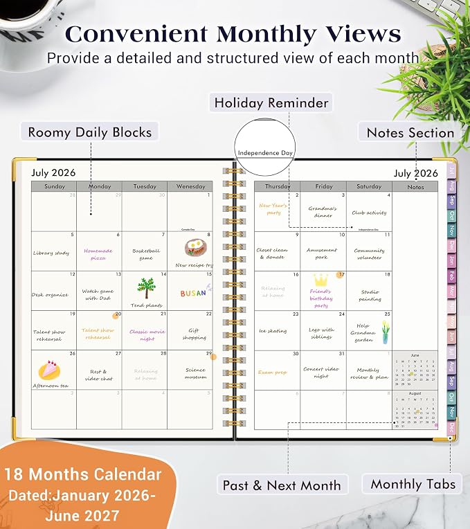 Academic Planner 2026-2027, 18 Months Weekly and Monthly Hardcover Planner, July 2026 - December 2027, 8.5" x 11" A4 Large Daily Calendar Planner Book with Tabs, Spiral College School Agenda Organizer for Student Teacher, Black