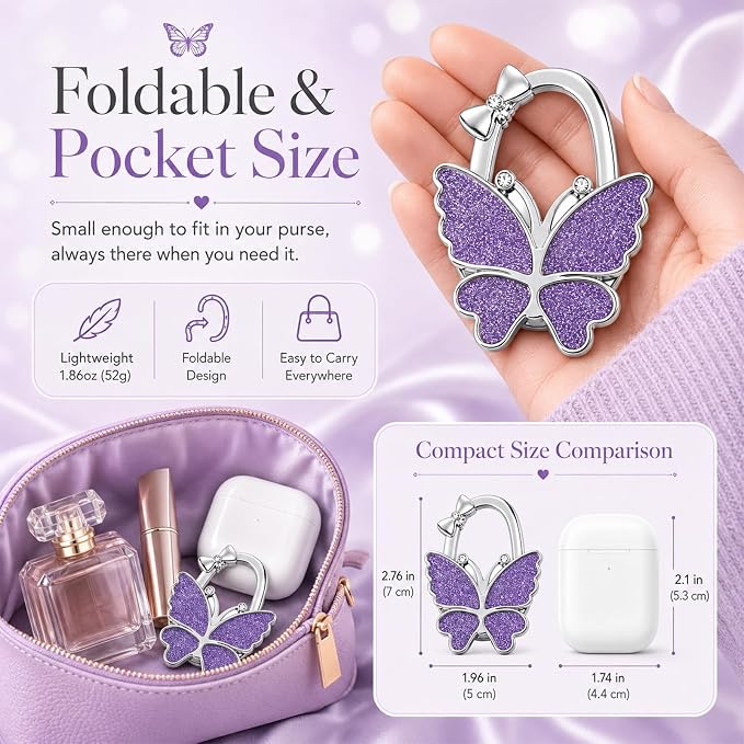 Purse Hook for Table, Foldable Handbag Hanger for Women, Portable Bag Holder with Non-Slip Base, Cute Matte Purple Butterfly Purse Table Hook for Restaurant Office Travel Gift