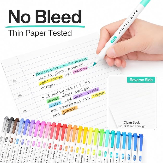 YOOUSOO 25 Pack Pastel Highlighters Assorted Colors No Bleed | Dual Tip Chisel and Fine Tip Bible Highlighter, Fluorescent Highlighter Pens for Classroom School Student Office Journals