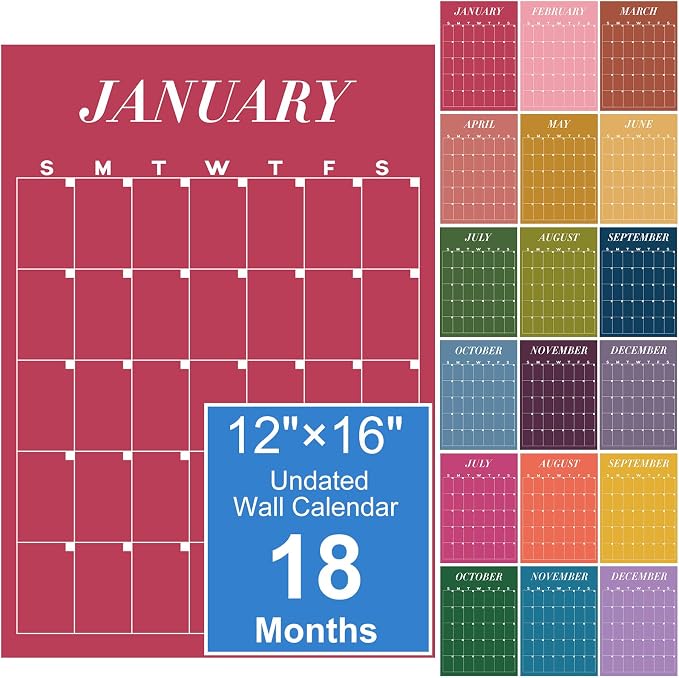Fullhawl 18 Pcs 2026-2027 Undated Large Wall Calendar Back to School Dry Ease 12 Month Classroom Decor Reusable Calendar Yearly Blank Planner Christmas New Year Gift for Office Home (Classic)