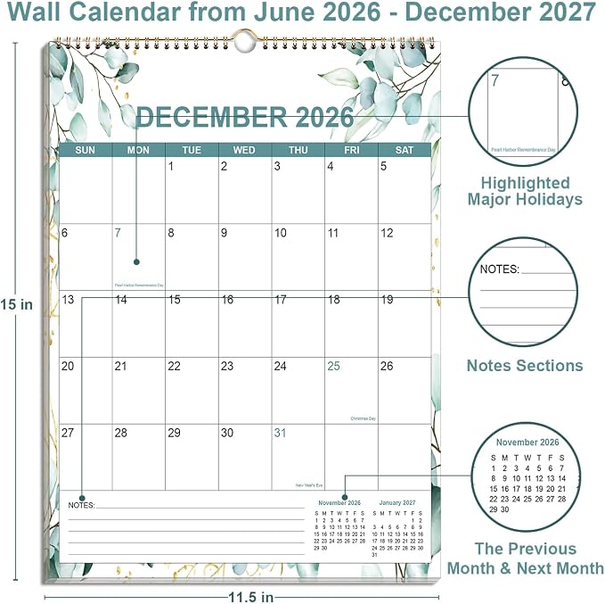 2026-2027 Calendar - Calendar 2026-2027 from July 2026 - December 2027, 18 Months Calendar/Planner with Thick Paper, 12" x 14.5", Vertical, Leaf