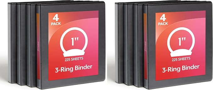 Cardinal Economy 3 Ring Binder, 1 Inch, Presentation View, Black, Holds 225 Sheets, Nonstick, PVC Free, Binders (79512), 4 Count(Pack of 2)