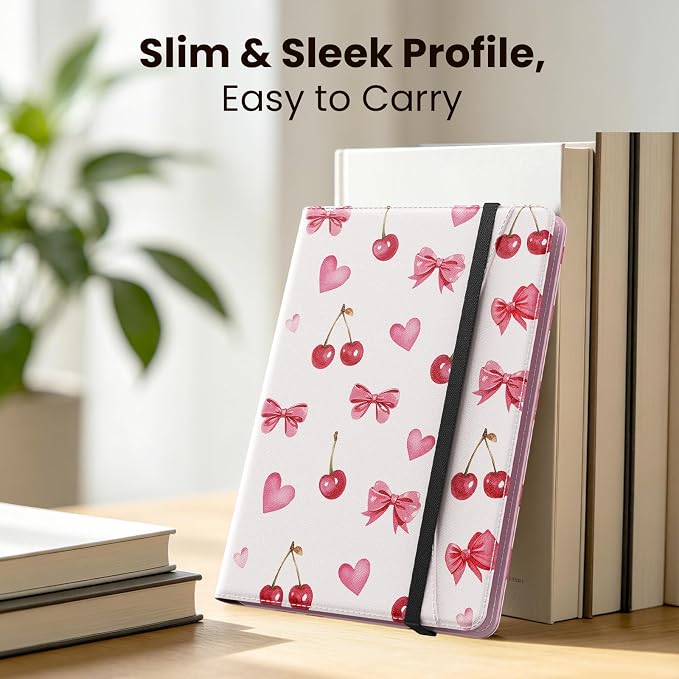 MoKo for Universal 11 inch Android Tablet Case with Pen Holder, Cherry Bow | Fits All 9.6-11 inch Tablets, Slim 360 Degree Rotating Cover, Multi-Angle Stand, Front Pocket, No fit iPad/NO back opening