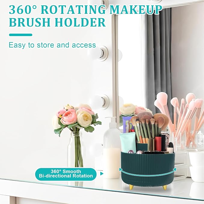 SAYEEC Rotating Pen Holder 5 Slots Desk Organizer with Adjustable Phone Stand Dark Green Makeup Brush Holder Organizer Cute Pencil Cup Pot Art Supply Storage Caddy for Office School Vanity Bathroom