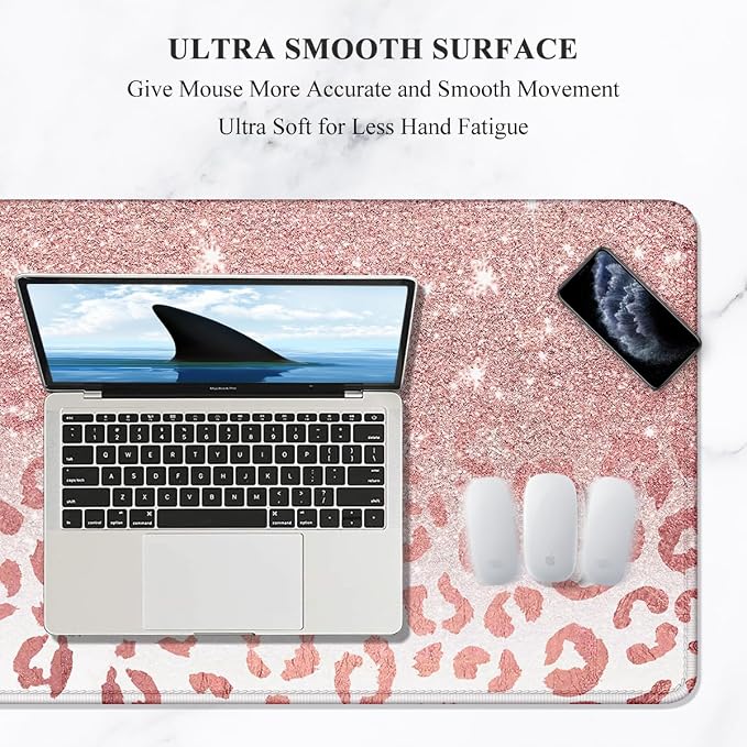 Auhoahsil Large Mouse Pad, XXL Desk Pad, Extened 35" x 15", Non-Slip Rubber Base, Stitched Edges, Superior Surface, Waterproof Keyboard Mat, Large Mousepad for Gamer, Office & Home, Pink Gold Leopard