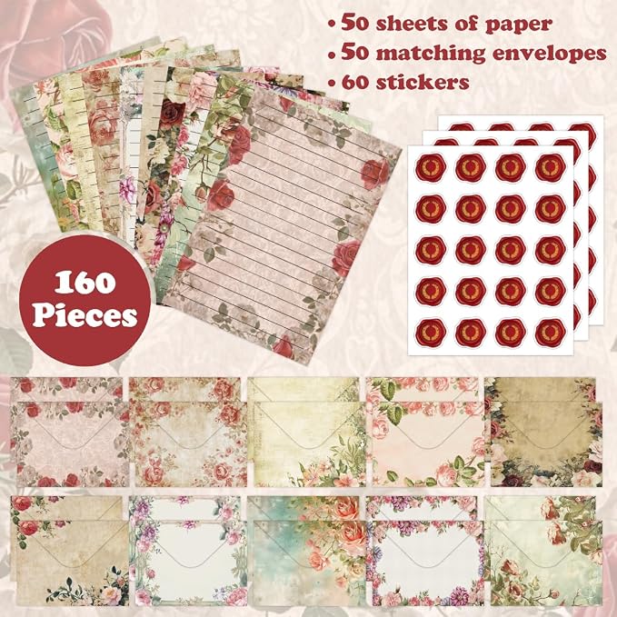 FUNCLASS 160 Pcs Vintage Floral Stationery Set Letter and Envelopes | 50 Lined Stationery Paper and 50 Matching Envelopes , 5.5 x 8.25 Inches Letter Writing Stationery for Home, Office, School