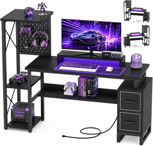 Computer Desk with 2 Fabric Drawers - Reversible Home Office Desk with Power Outlet & LED Lights, 53" Writing Desk with Monitor Stand & Storage Shelves, Gaming Desk Study Table with Pegboard, Black