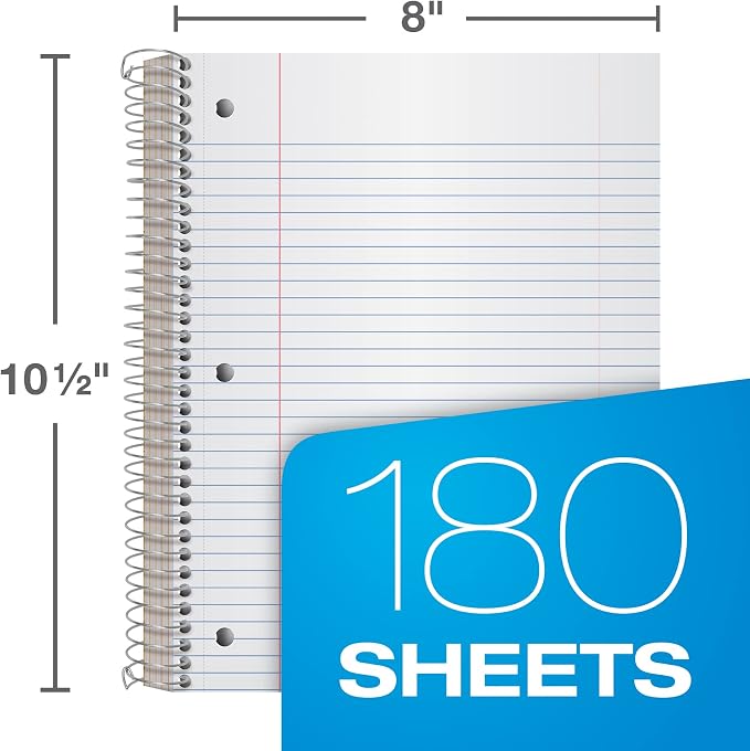 Oxford Spiral Notebook,5 Subject Writing Journal, 3-Hole Punch, College Ruled Paper, 4 Dividers, 8 x 10-1/2 Inch, Black, Red, Blue, 180 Sheets (65203)(Pack of 24)