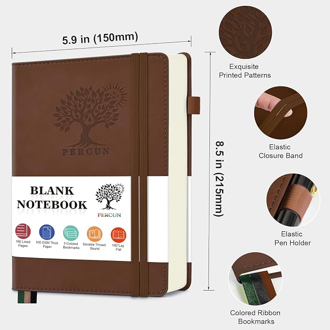 PERCUN Blank Journal Notebook, A5 Hardcover Sketchbook, 140 Pages 5.9"×8.5" | Leather Unlined Notebook for Drawing & Writing, Travel Diary, Art Journal for Men Women, School & Work