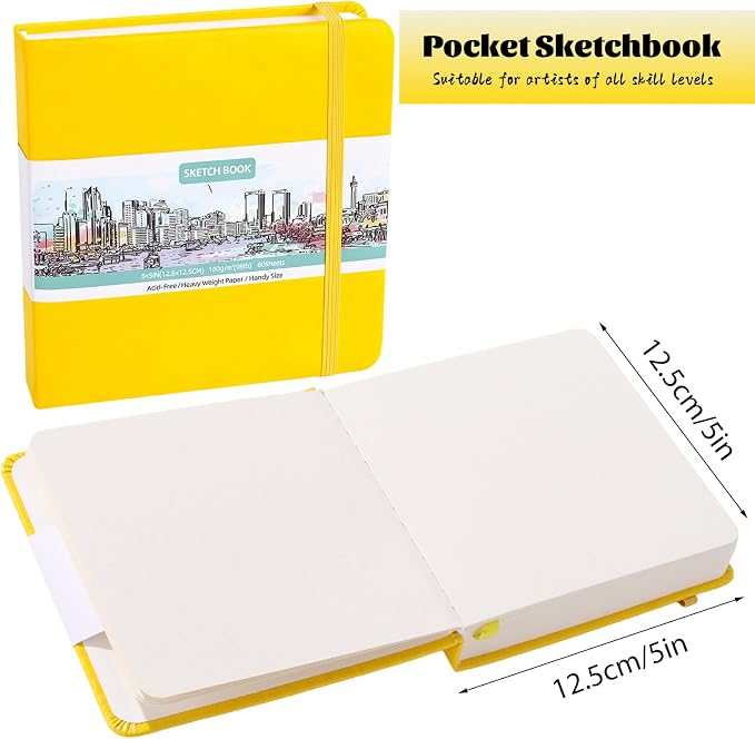 Prudiut Hardcover Pocket Sketchbook, 5" x 5" Square Mini Sketchbook, 98lb/160gsm Heavyweight Tiny Sketch Book, 80 Sheets Small Travel Drawing Journal for Adults, Artist, Ideal for Gift (Yellow)