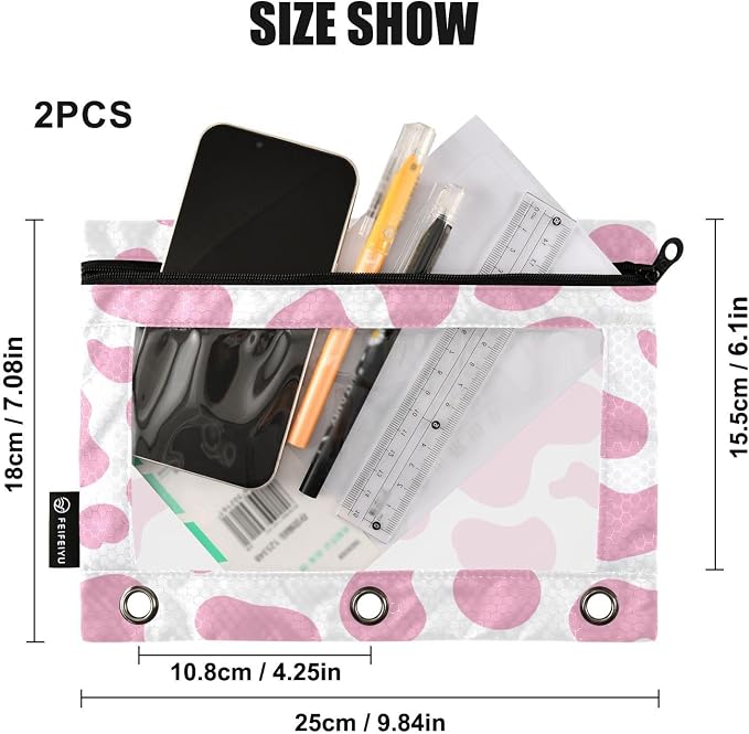 Cow Pencil Pouches for 3 Ring Binder 2 Pack | Binder Pencil Case With Zipper Reinforced GrommetsPencil Bags for Office Organizers