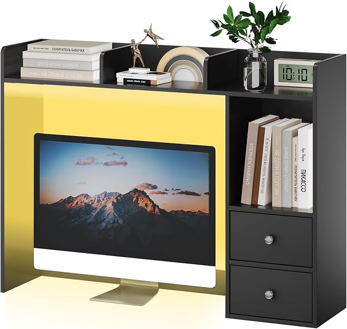 ChooChoo Desktop Bookshelf with LED Lights, 36.6" Dorm Desk Hutch with 4 Shelves and 2 Drawers, Fits 27" Monitor, Desk Organizer Shelf for Dorm Office Home, Black