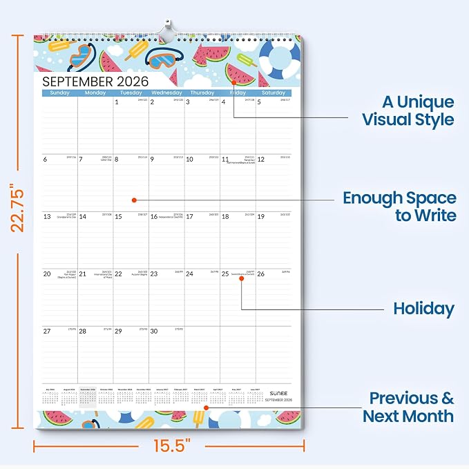 SUNEE 2026-2027 Wall Calendar Large 22.75"x15.5", 21 Month July Calendar (Ends March 2028), Vertical Extra Large, Seasons Color