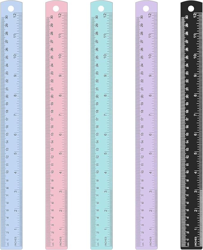5 Pack Metal Ruler 12 Inch, Stainless Steel Ruler Kit with Centimeters, Millimeters, Inches and Conversion Table for Office and School, Easy to Read Metric Rule Set