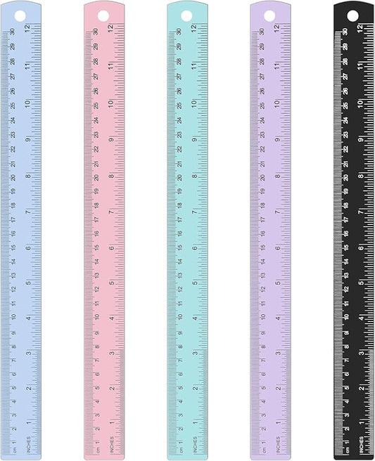 5 Pack Metal Ruler 12 Inch, Stainless Steel Ruler Kit with Centimeters, Millimeters, Inches and Conversion Table for Office and School, Easy to Read Metric Rule Set