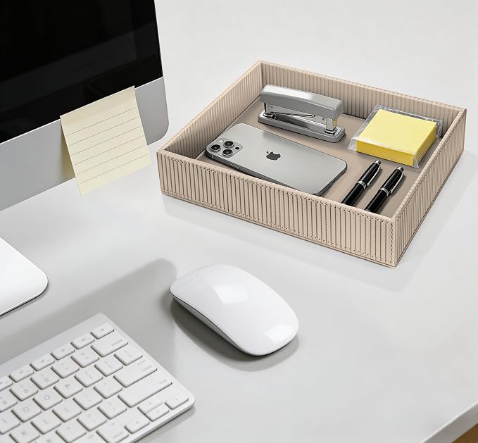 SITHON Valet Tray Desk Organizer PU Leather Catchall | Bedside Vanity Tray Nightstand Caddy Coin Box Key Jewelry Storage Organizer, Graduation, Stripe Latte