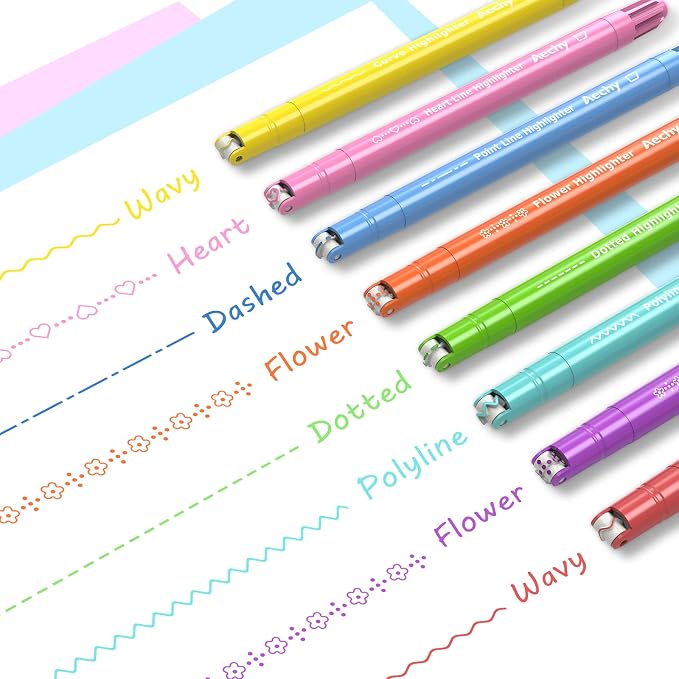 AECHY Curve Highlighter Pens Set, 8PCS Dual Tip Pattern Markers, 6 Designs | Chisel Tip & Pattern Roller for Journaling, Planners, Note Taking, Drawing, Scrapbooking, Classroom Projects &School Supplies