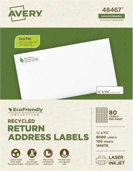 Avery EcoFriendly Recycled Return Address Labels, 1/2" x 1-3/4", White, Permanent Label Adhesive, 8,000 Printable Labels (48467)