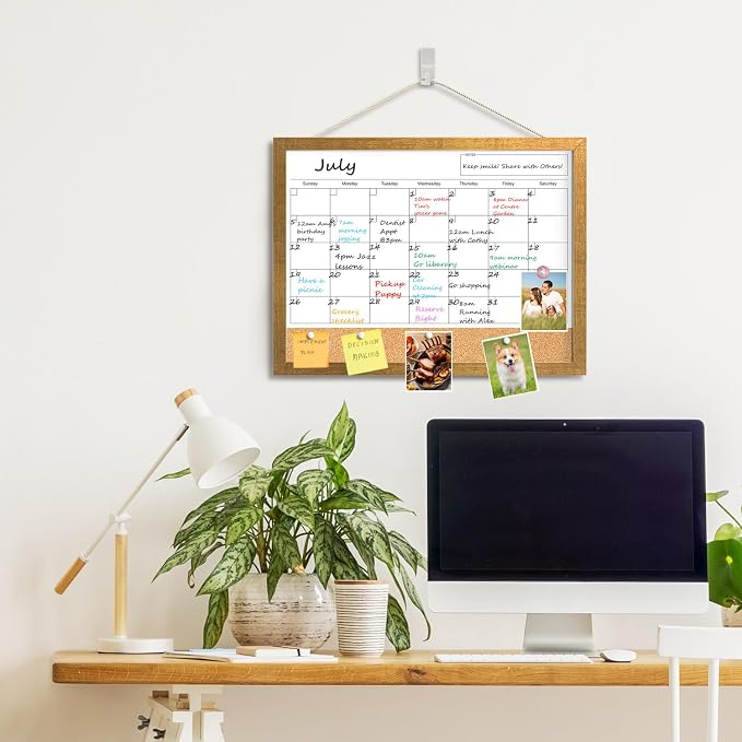 Calendar Whiteboard for Wall, 17x13 Inches White Board Calendar Dry Erase, Small Magnetic Monthly White Board with Gold Wood Frame, Hanging Dry Erase Board for Kitchen Home Office School Planner