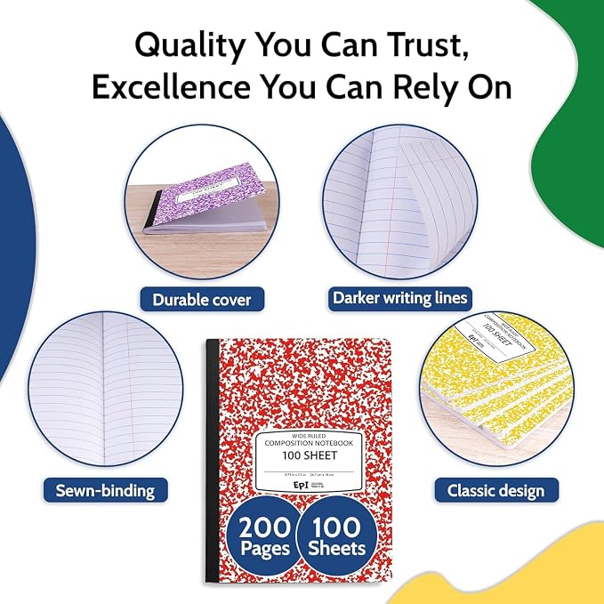 960 Pack (Pallet) EPI Wide Ruled Composition Notebook Assorted Colors, Bulk, 200 pages (100 Sheets), 9-3/4 x 7-1/2, Marble, Bulk School Supplies, Heavy Duty, Durable, Office Notebooks, Sewn Binding