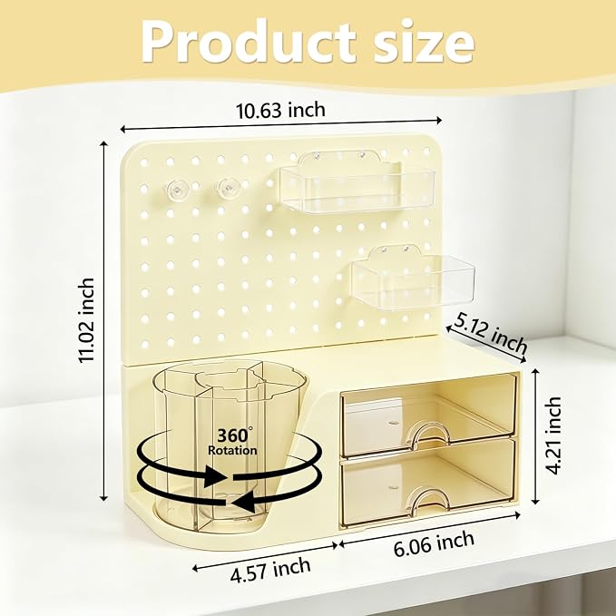 Desk Organizer with 360° Rotating Pen Holder, 5 Slots, 2 Drawers & Pegboard for Office School Art Supplies (Cream)