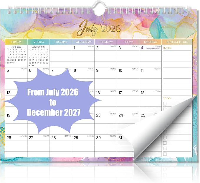 Wall Calendar July 2026 – December 2027 – 18 Monthly Calendar, 11 x 8.7 In, with Holidays, Julian Dates, Thick Paper & Notes Space, Home Office Wall Decoration