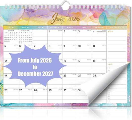 Wall Calendar July 2026 – December 2027 – 18 Monthly Calendar, 11 x 8.7 In, with Holidays, Julian Dates, Thick Paper & Notes Space, Home Office Wall Decoration