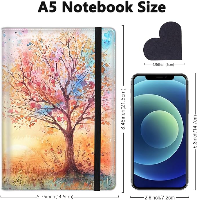 A5 Leather Lined Journal Notebook, 200 Pages Hardcover Executive Notebook for Office School Note Taking, Thick Writing Paper Daily Journal with Bookmarks/Indexes, Watercolor Tree Painting