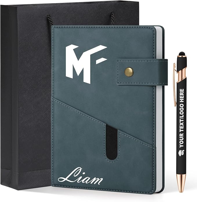 ENOMY A5 Personalized Notebook Journal with Pen & Gift Set Custom Hardcover Notebook 200 Pages Thick Daily Diary for Men Women Lined Journal for Work College Travel Writing, Grey Blue