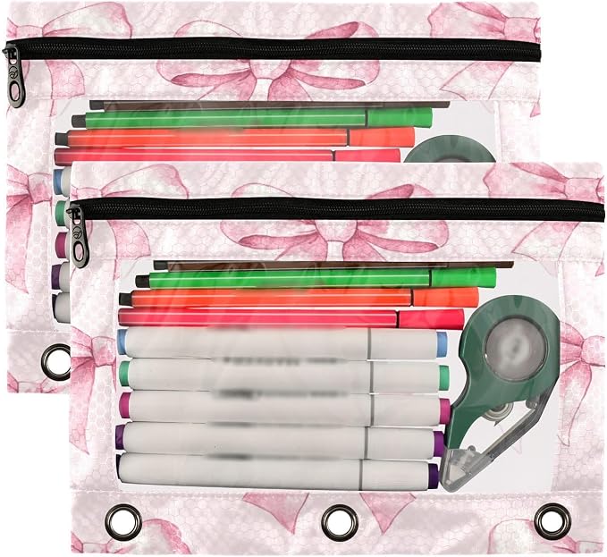 Pink Bows (1) Pencil Pouch Fits standard 3-ring binders, Zipper Binder Pencil Bag with Clear Window for Office 2 Pack