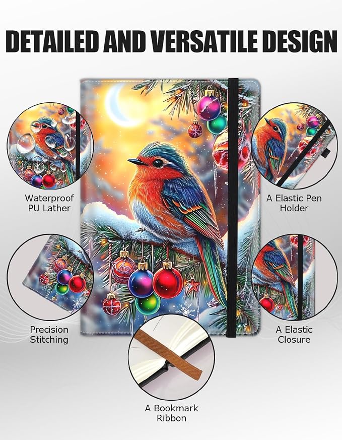 Hardcover Executive Notebooks, A5 PU Leather Lined Journal Notebook, 200 Pages Thick Paper Subject Notebooks for School,Work,Home Writing Business Notebook,Christmas Tree and Colorful Birds