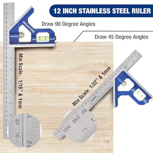 WORKPRO Aluminum Alloy Carpenter Square and Zinc-Alloy Square Ruler Set - 7 in. Rafter Layout Tool and 12 in. Combination Square Combo