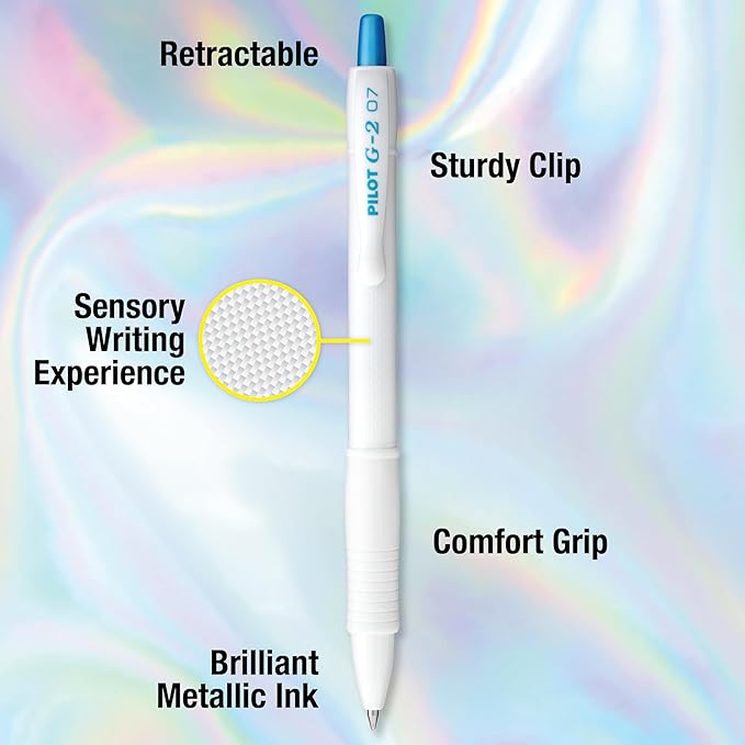 Pilot G2 Edge White, Assorted Metallic Inks, Premium Gel Roller Pens, Sensory Writing Experience, 6ct box, Fine Point 0.7 mm