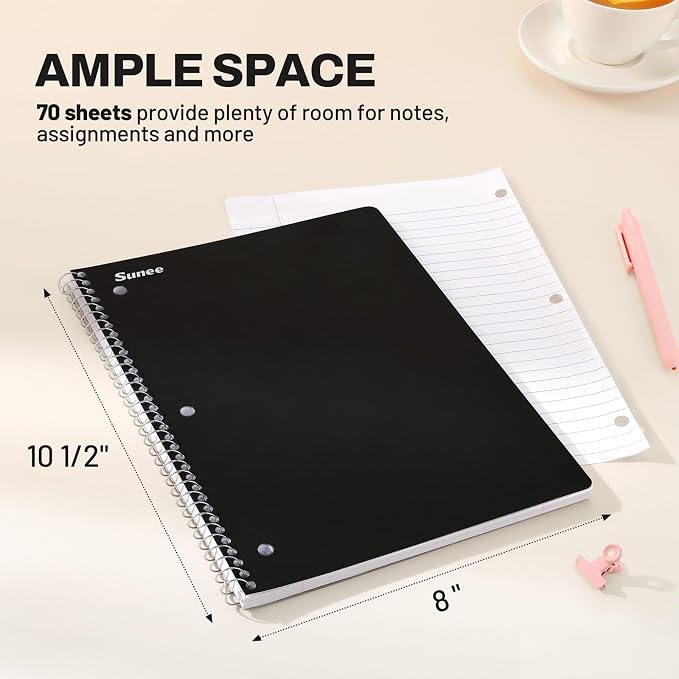 SUNEE Spiral Notebooks, 3 Pack, 1-Subject, College Ruled Paper, 8" x 10-1/2", 70 Sheets per Notebook, Black