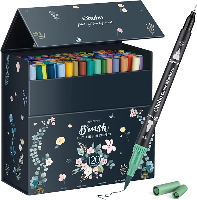 Ohuhu Adult Coloring Book Markers 100 Color Dual Tip Water-Based-Maui-Black | No Bleed Coloring Markers Fineliner & Brush Drawing Pens Art Pens for Kids Adults Sketch Journal