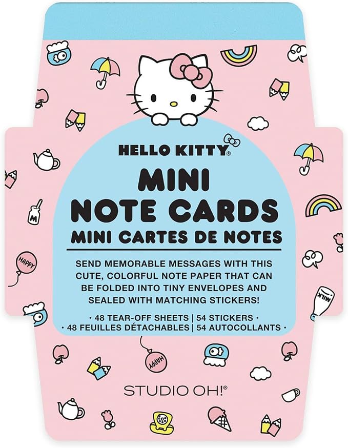 Studio Oh! Blank Mini Note Cards with Sticker Seals, 48 Tear-Off Foldable Memos, Tiny Envelope Notes, 6 Designs, 54 Stickers for All Occasion, Thanks, Party Invitations, Hello Kitty® Classic Pink