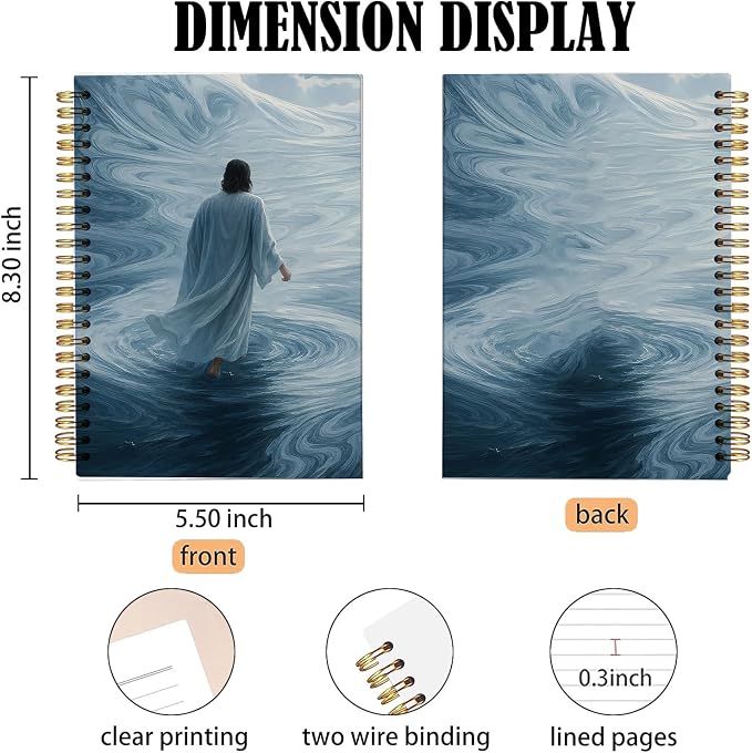 bitCNY Religious Spiral Journal – Jesus Walking on Swirling Waters – Faith Inspired Christian Notebook for Prayer & Reflection, Spiral Bound 5.5x8.3 Inches