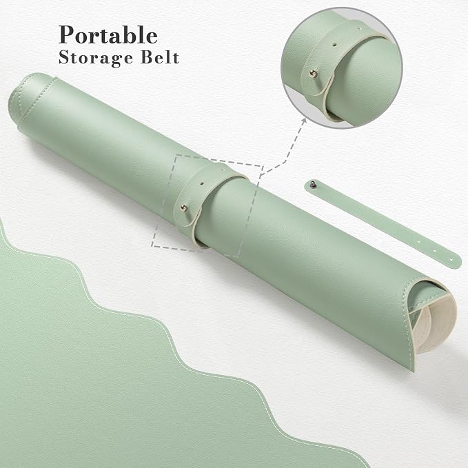 iCasso Leather Desk Pad,Extra Large Mouse Pad for Laptop,Cute Scalloped Nail Table Mat for Women Girl,Non-Slip Keyboard Mat Green,Waterproof PU Desk Cover Mat for Office Home Dorm Travel