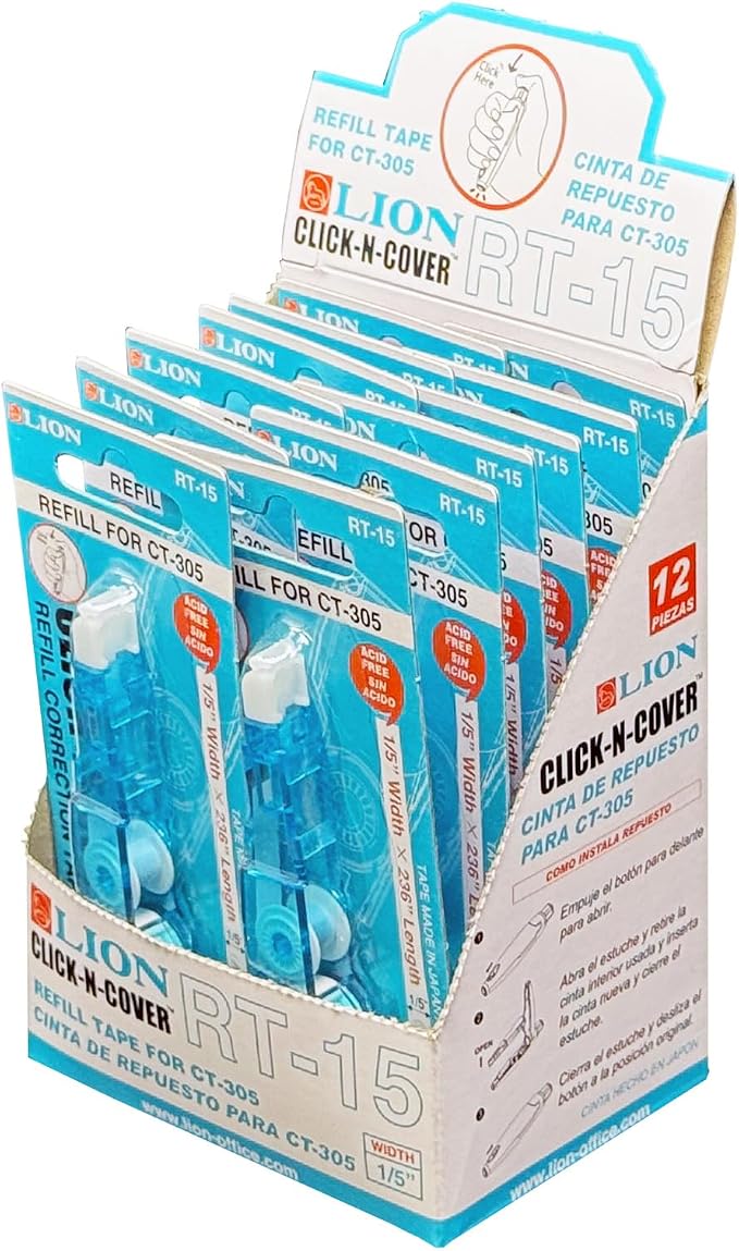 LION CLICK-N-COVER Refill Correction Tape for CT-305, 1/5" wide and 236" long, Acid-Free, Economy Box, Box of 12 (RT-15-12B)