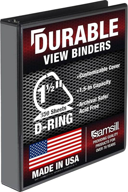 Samsill Durable 1.5 inch 3 Ring Binder, D Ring Binder, 100% Recycled Chipboard, Black