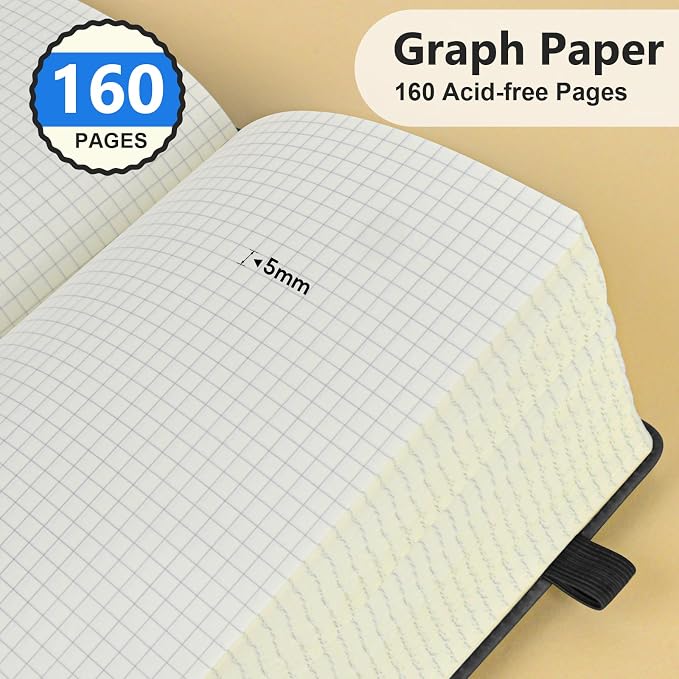 PERCUN A5 Graph Paper Notebook, Leather Journal, 160 Pages Grid Notebook | 5.9"x8.5" hardcover journal with quad ruled paper for work, school, writing, notes, journaling and daily planning.