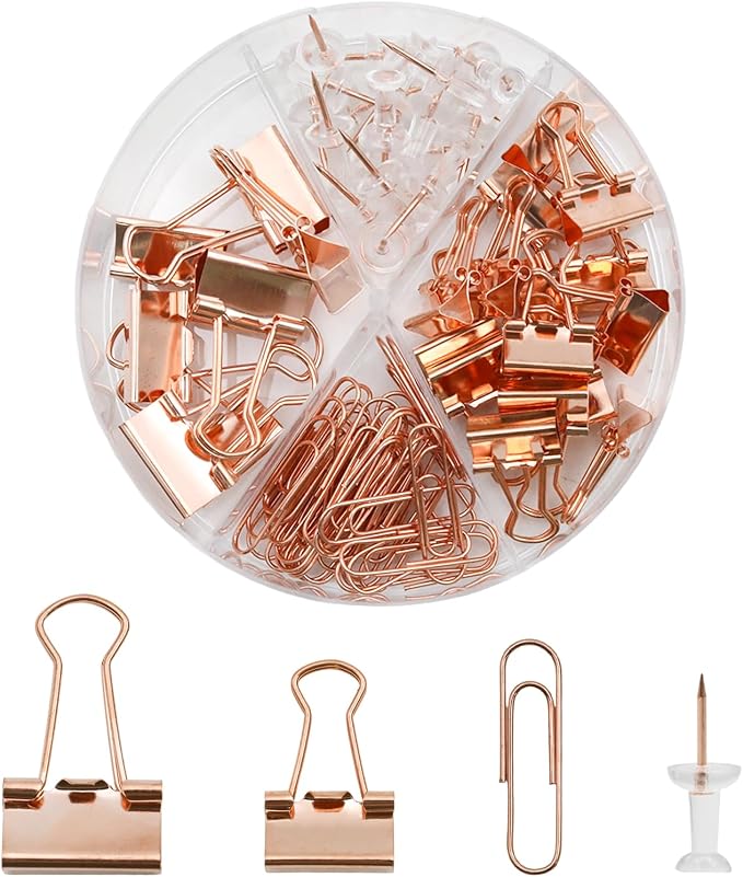 Office Supplies Set, Paper Clips, Push Pins and Binder Clips Set with Box for Office, School and Home(Rose Gold)