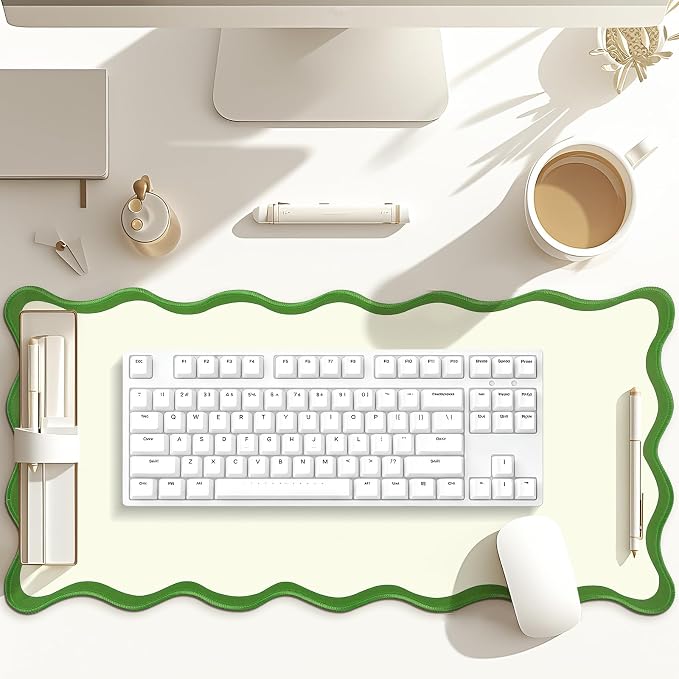 Hahafelt Scalloped Desk Mat Large Desk Pad Cute Coquette Table Mat Back to School Preppy Table Make up Pad Nonslip Graduation Gift with Stitching Waterproof Gaming(Green,31.5 x 15.8 Inches)