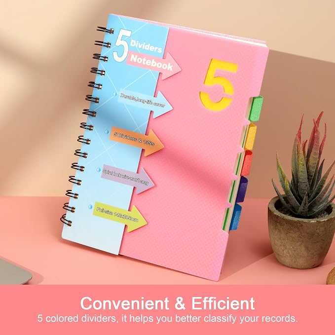 CAGIE 5 Subject Notebook, Small Spiral Notebook with Tabs, 6'' x 8'' | Removable Dividers, 180° lay-flat, Portable, College Ruled, 240 Pages Note book, for School Work, Pink